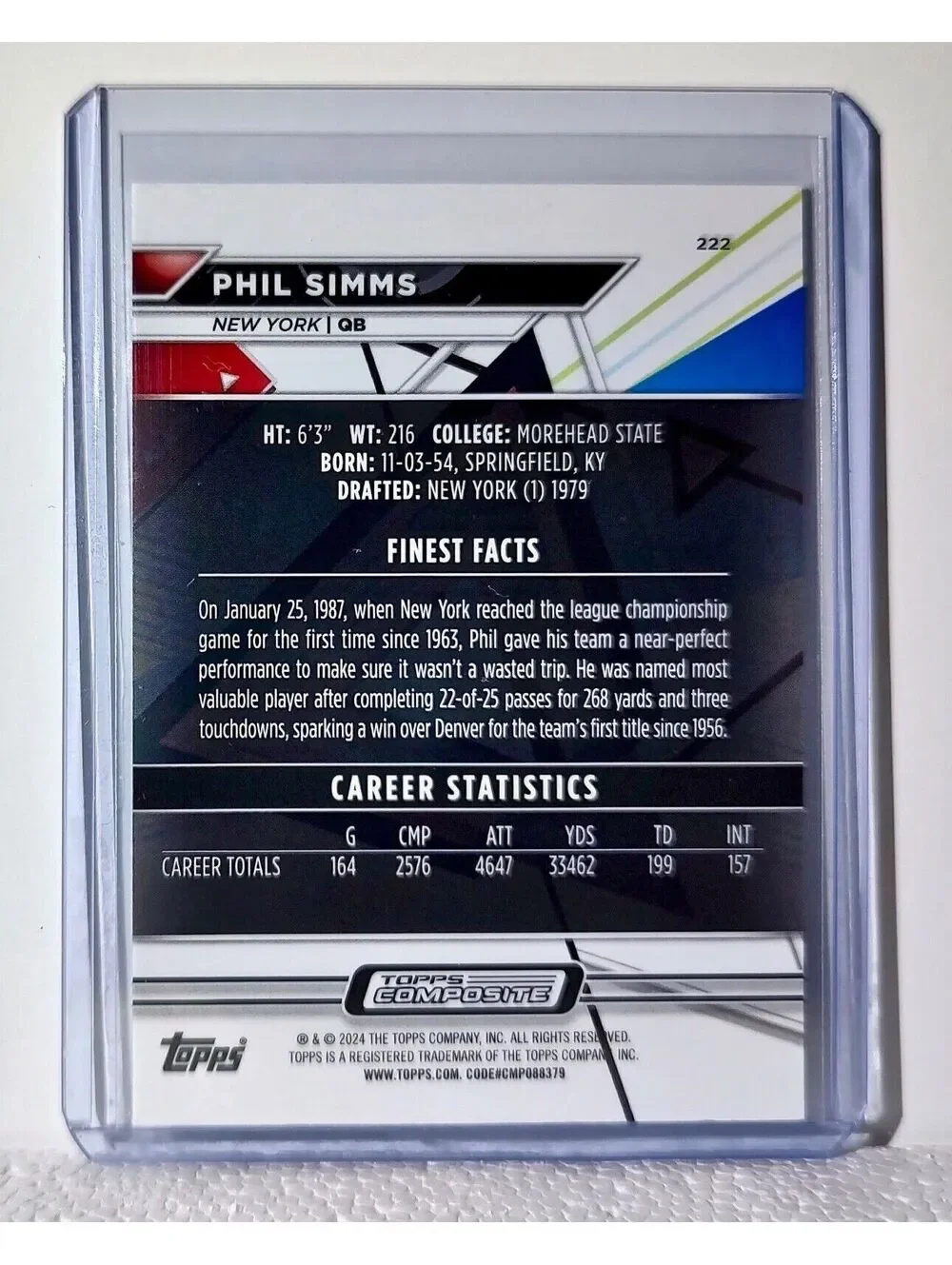 Phil Simms 2023 Topps Finest NFL #222 Football Card New York Giants